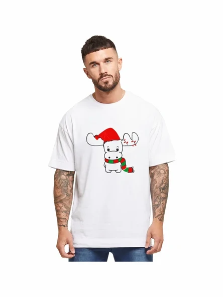 Yılbaşı Noel Ren Geyiği Baskılı Kısa Kollu Oversize Bisiklet Yaka T-shirt - Beyaz ürün görseli 1