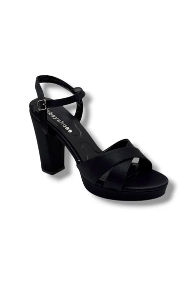 Erbay 308-26 Parlak Saten Çapraz Bant Kalın Topuk Kadın Sandalet(11cm) ürün görseli 1