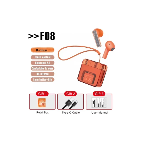 F08 Dijital Şarj Göstergeli Tws Bluetooth Kulaklık - Kırmızı ürün görseli 1