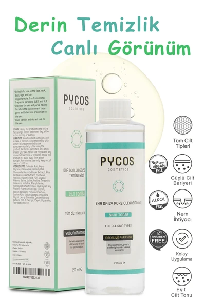 PYCOS COSMETICS BHA Gözenek Sıkılaştırıcı-Temizleyici-Aydınlatıcı, Siyah Nokta Karşıtı Günlük Tonik 250 ML ürün görseli 1