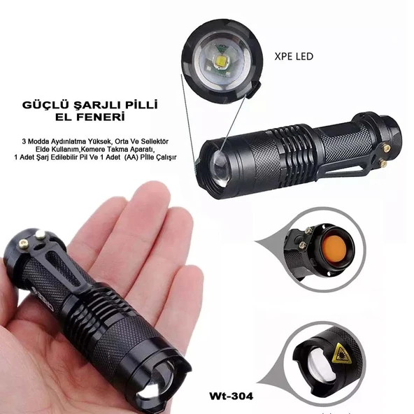 Mini Güçlü Şarjlı Pilli El Feneri Wt-304 ürün görseli 1