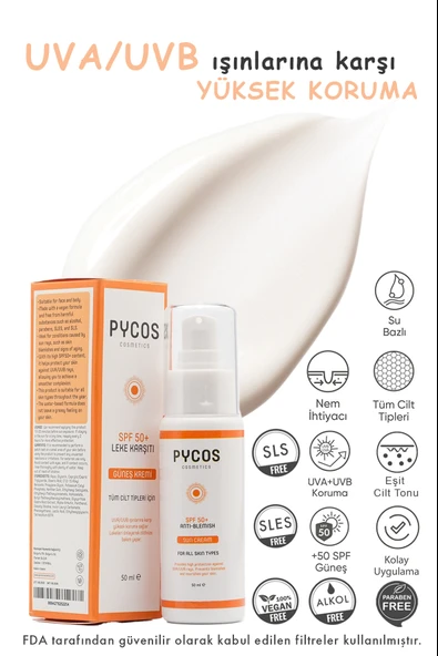 PYCOS COSMETICS Spf 50 Leke Karşıtı Yüz Güneş Kremi 50ml, Tüm Cilt Tipleri Için ürün görseli 1