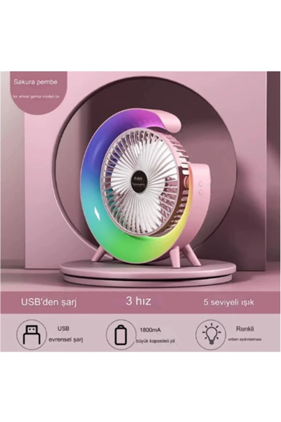Masaüstü Vantilatör Usb Şarjlı Rgb Led Işıklı 3 Kademeli 180° Ayarlanabilir Soğutucu Fan Pembe ürün görseli 1