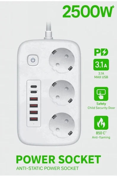 akım Korumalı Priz Ve Masaüstü Şarj İstasyonu Kablosuz 3 Priz ,4 Usb, 2 Type-c Girişli 2 Metre ürün görseli 1