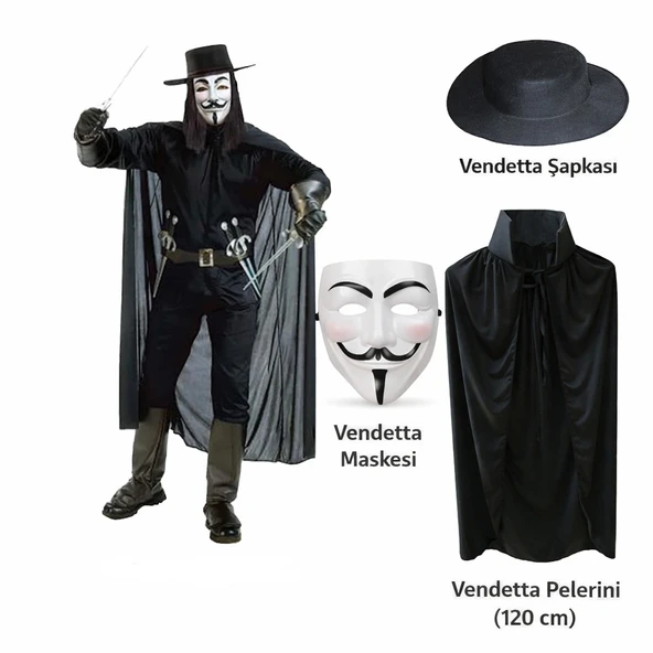 Vendetta Kostüm Seti – Şapka Maske Pelerin (120 Cm) ürün görseli 1