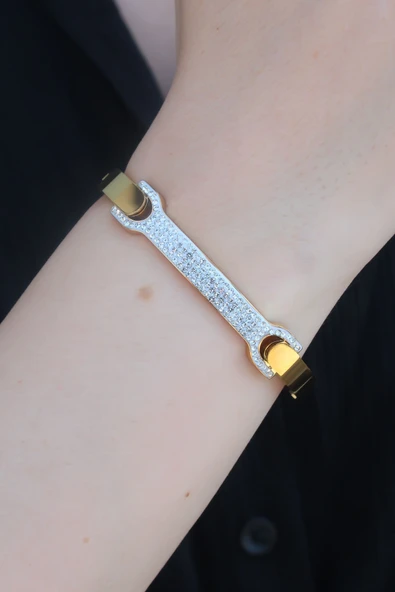 316L Çelik Gold Renk Zirkon Taşlı Kadın Kelepçe TJ-BB5285 ürün görseli 1