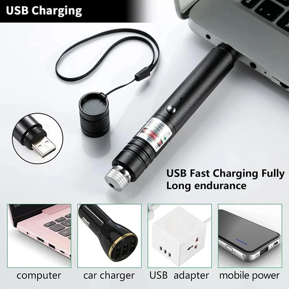Fithome 100mw Desen Başlıklı Usb Şarjlı Yeşil Lazer Pointer - Resim 3