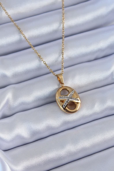 316L Çelik Gold Renk Zirkon Taşlı Kadın Kolye TJ-BKO7635 ürün görseli 1