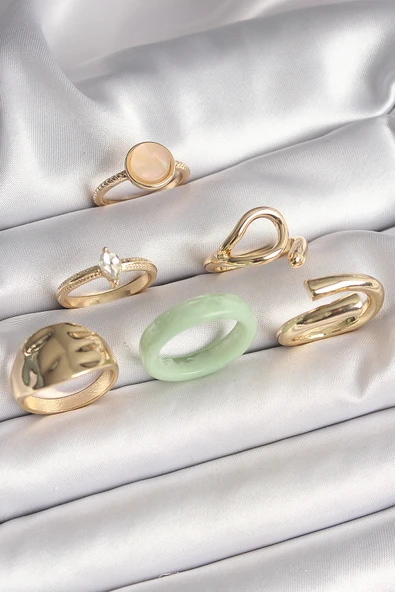 Pirinç Gold Renk Zirkon Taşlı Daire Pembe Mineli Detay 6'Lı Kadın Yüzük Seti TJ-BYK3630 ürün görseli 1