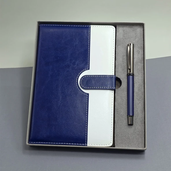 Mavi Beyaz Deri Kapaklı Defter Ve Metal Kalem Set ürün görseli 1