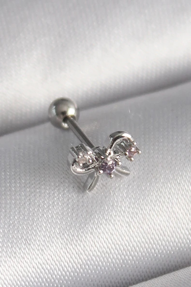 316L Çelik Gümüş Renk Zirkon Taşlı Kurdele Tragus Piercing TJ-PR1265 ürün görseli 1