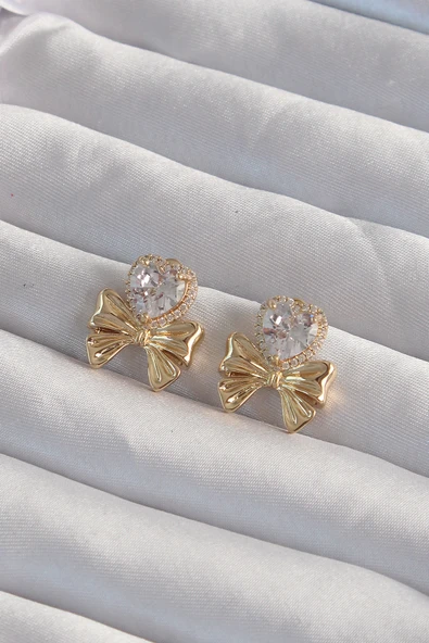 Pirinç Gold Renk Zirkon Taşlı Kalp Model Fiyonk Küpe TJ-BKP9311 ürün görseli 1
