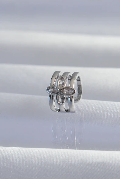 Pirinç Gümüş Renk Yonca Earcuff Küpe TJ-BKP9330 ürün görseli 1