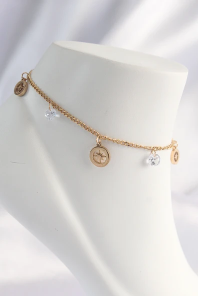 316L Çelik Gold Renk Zirkon Taşlı Yıldızlı Halhal TJ-HH1620 ürün görseli 1