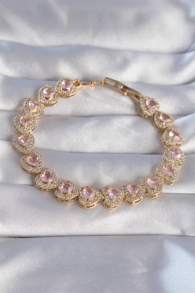 Vip Seri Pirinç Gold Renk Pembe Zirkon Taşlı Kalp Tasarımlı Bileklik TJ-BB6127 ürün görseli 1