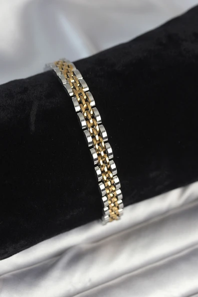 316L Çelik 7 mm Kalınlıkta Gold ve Gümüş Renkli Erkek Bileklik TJ-EB3766 ürün görseli 1