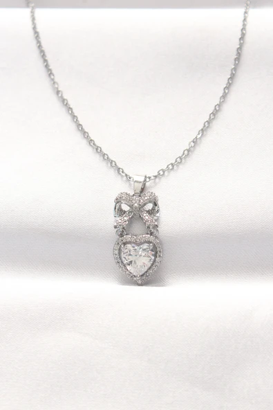 316L Çelik Silver Renk Zirkon Taşlı Kalpli Fiyonk Kolye TJ-BKO8519 ürün görseli 1