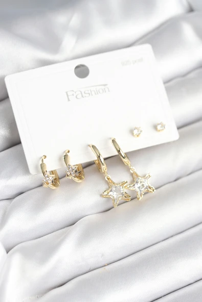 Pirinç Gold Renk Yıldız Model 925 Gümüş Çivili Kadın Küpe Seti TJ-BKP11256 ürün görseli 1