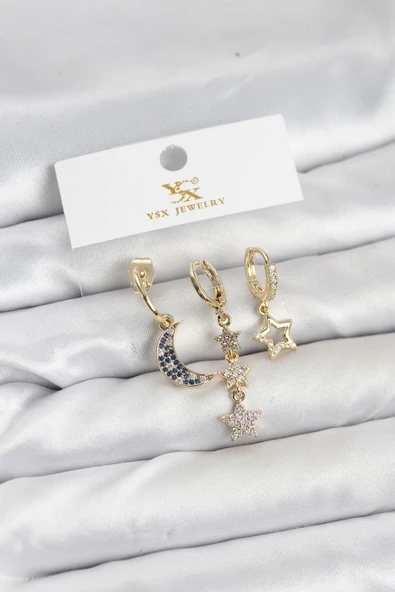 Pirinç Gold Renk Zirkon Taşlı Ay ve Yıldız Model YSX Trio Küpe Seti TJ-BKP11574 ürün görseli 1