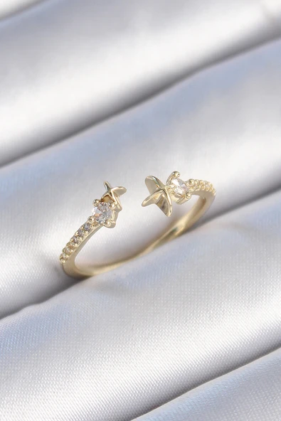 Pirinç Gold Renk Zirkon Taş Detay Yıldız Model Kadın Yüzük TJ-BYK3446 ürün görseli 1