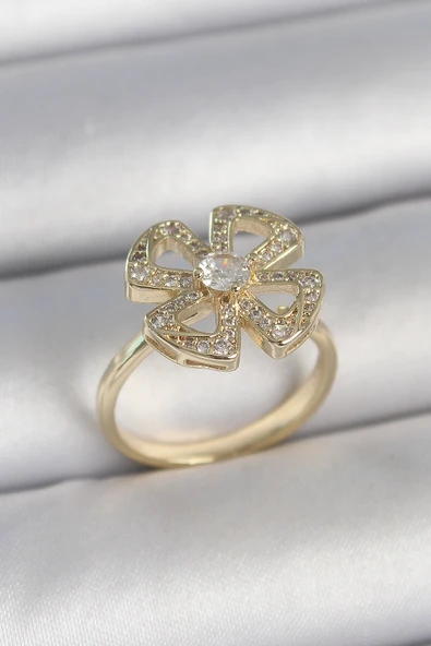 Pirinç Gold Renk Zirkon Taşlı Yonca Model Ayarlanabilir Kadın Yüzük TJ-BYK3719 ürün görseli 1