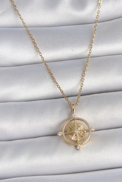 316L Çelik Gold Renk Zincir Zirkon Taşlı Pusula Model Kadın Kolye TJ-BKO10039 ürün görseli 1