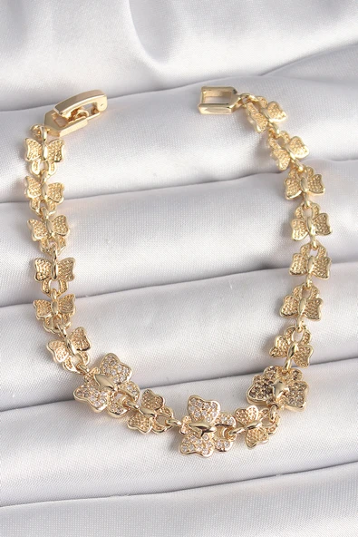 Pirinç Gold Renk Zirkon Taşlı Model Zincir Kadın Bileklik TJ-BB6834 ürün görseli 1