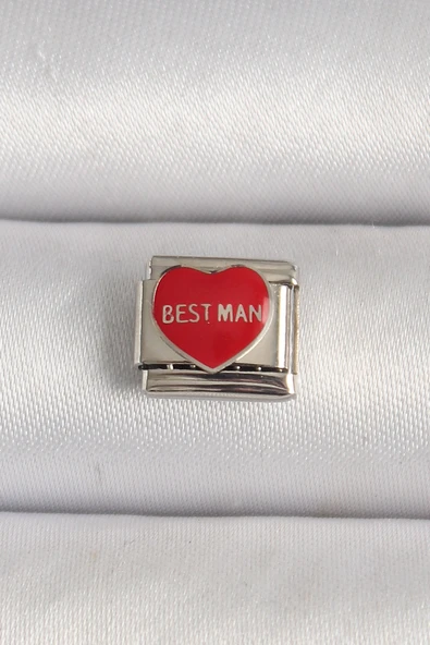 316L Çelik Gümüş Renk 'Best Man' Yazılı Kırmızı Kalp İşlemeli Nomination Charm TJ-BC1208 ürün görseli 1
