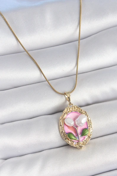 316L Çelik Gold Renk Zincir Pembe Mineli İncili Çiçek İşlemeli Portre Model Kadın Kolye TJ-BKO10148 ürün görseli 1