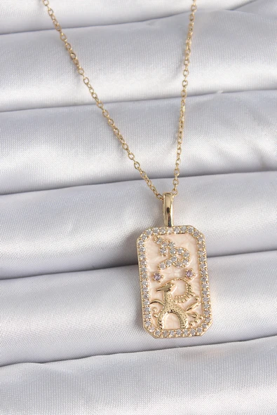 316L Çelik Gold Renk Zincir Oğlak Burcu Zirkon Taşlı Kadın Kolye TJ-BKO9459 ürün görseli 1