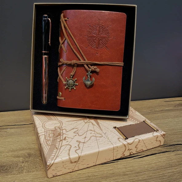 Deri Pusula Tasarımlı Defter Ve Metal Kalem Seti ürün görseli 1
