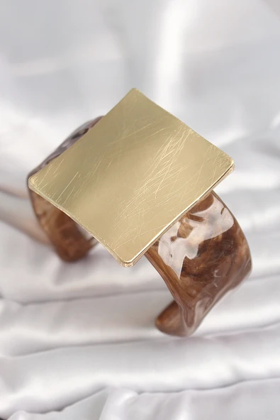Kahverengi Mermer Desen Akrilik Plastik Gold Kare Plaka Model Vintage Kadın Bilezik TJ-BB6682 ürün görseli 1