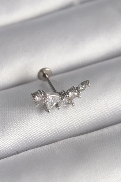 316L Çelik Gümüş Renk Zirkon Taşlı Tragus Piercing TJ-PR1337 ürün görseli 1