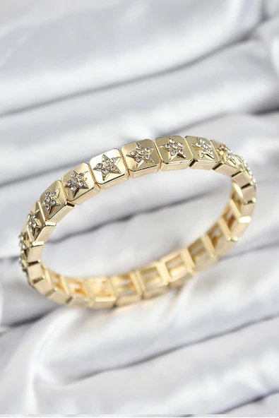Pirinç Zirkon Taşlı Yıldız Model Gold Renk Lastikli Kadın Bileklik TJ-BB7494 ürün görseli 1
