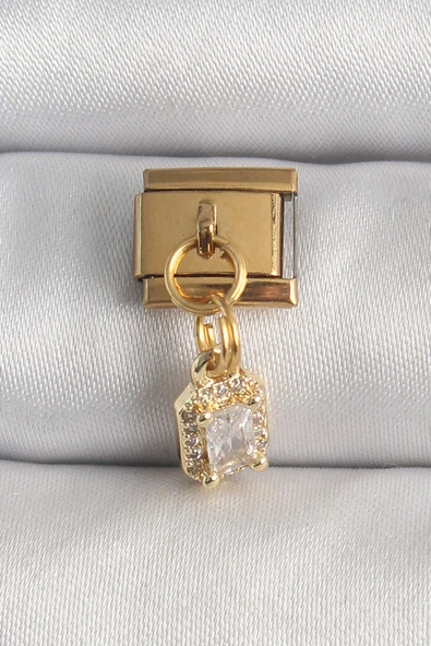 316L Çelik Gold Renk Sallantı Zirkon Taşlı Kare Model Nomination Charm TJ-BC1348 ürün görseli 1