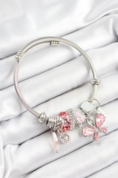 316L Çelik Pembe Zirkon Taşlı Model Gümüş Renk Charm Bileklik - TJ-BB7248 ürün görseli 1