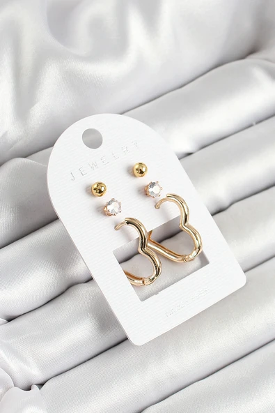 Pirinç Zirkon Taş Ve Kalp Figürlü Gold Renk 3'lü Çift Kadın Küpe Set TJ-BKP10650 ürün görseli 1