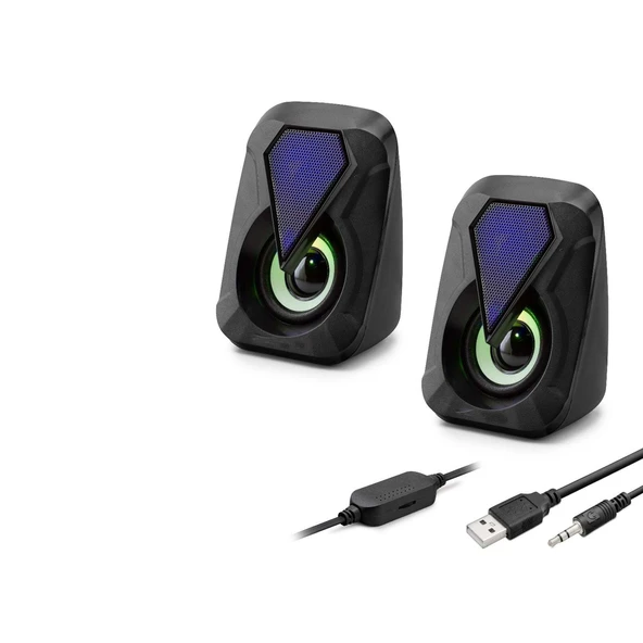 Masaüstü Hoparlör 1+1 USB + 3.5mm LED - Siyah HD6054 ürün görseli 1