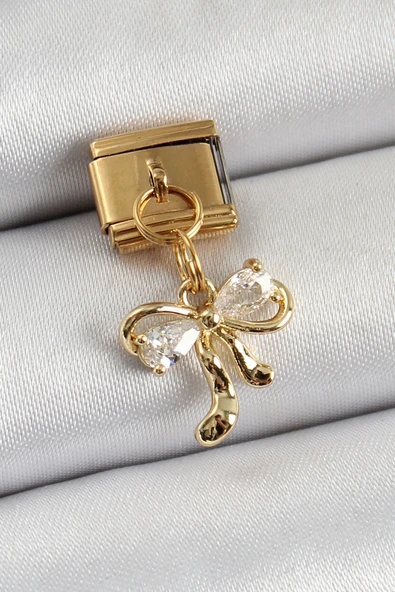 316L Çelik Sallantılı Zirkon Taşlı Fiyonk Model Gold Renk Nomination Charm TJ-BC1400 ürün görseli 1