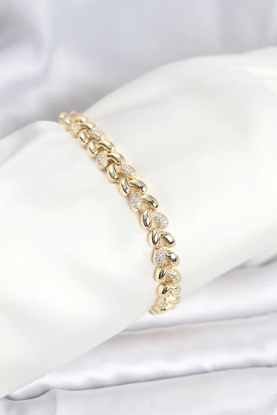 Pirinç Gold Renk VIP Seri Sarmal Damla Model Zirkon Taşlı Kadın Bileklik TJ-BB8268 ürün görseli 1