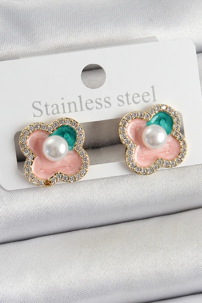 Pirinç Pembe Mineli İnci Detaylı Zirkon Taşlı Sanatsal Portre Yonca Model Gold Renk Kadın Küpe TJ-BKP10682 ürün görseli 1