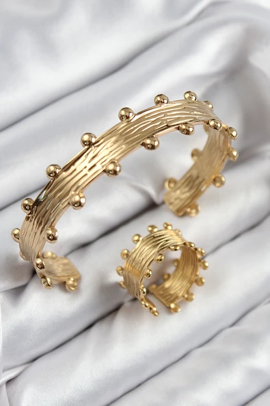 Pirinç Topcuk Model Gold Renk Bileklik Yüzük Set TJ-BB7602 ürün görseli 1