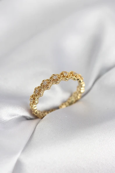 Sıralı Çiçek Model Gold Renk Zirkon Taşlı Kadın Yüzük TJ-BYK4157 ürün görseli 1