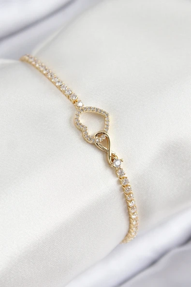 Pirinç Zirkon Taşlı Sonsuzluk Kalp Model Gold Renk Kadın Bileklik TJ-BB7693 ürün görseli 1