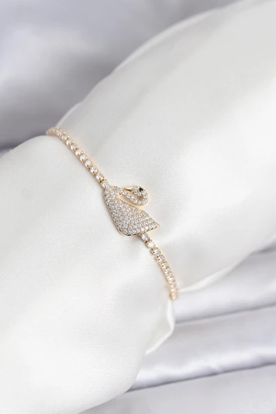 Kuğu Model Zirkon Taşlı Gold Renk Asansörlü Su Yolu Bileklik TJ-BB8246 ürün görseli 1
