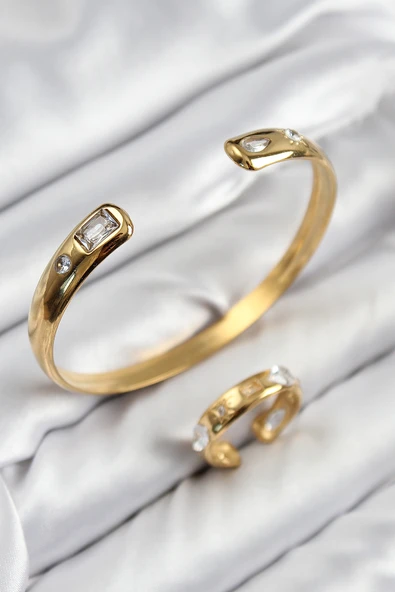 Pirinç Zirkon Taşlı Ayrık Model Gold Renk Bileklik Yüzük Set TJ-BB7605 ürün görseli 1