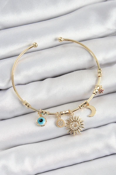 Pirinç Zirkon Taşlı Güneş Ay Nazar Model Gold Renk Charm Bileklik TJ-BB7354 ürün görseli 1