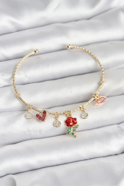 Gül Charmlı Gold Renk Pirinç Kadın Bileklik TJ-BB8043 ürün görseli 1