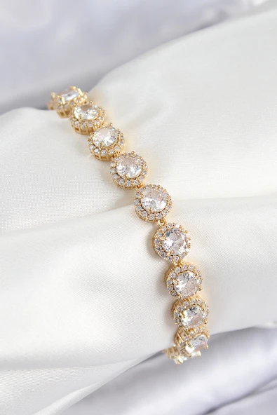 Pirinç Zirkon Taşlı Daire Baget Model Gold Renk VIP Seri Kadın Bileklik TJ-BB7514 ürün görseli 1