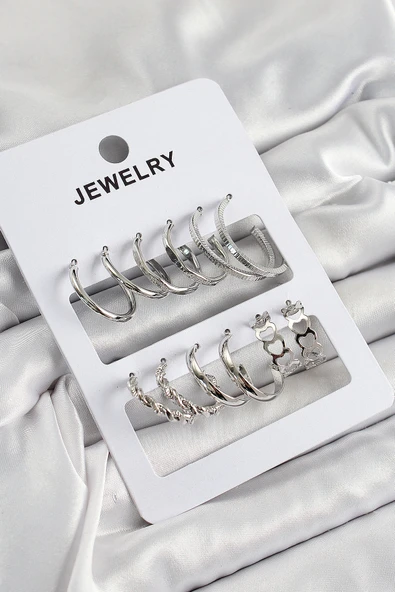 Pirinç Karışık Halka Model Gümüş Renk 6 Çift Kadın Küpe Set TJ-BKP10877 ürün görseli 1